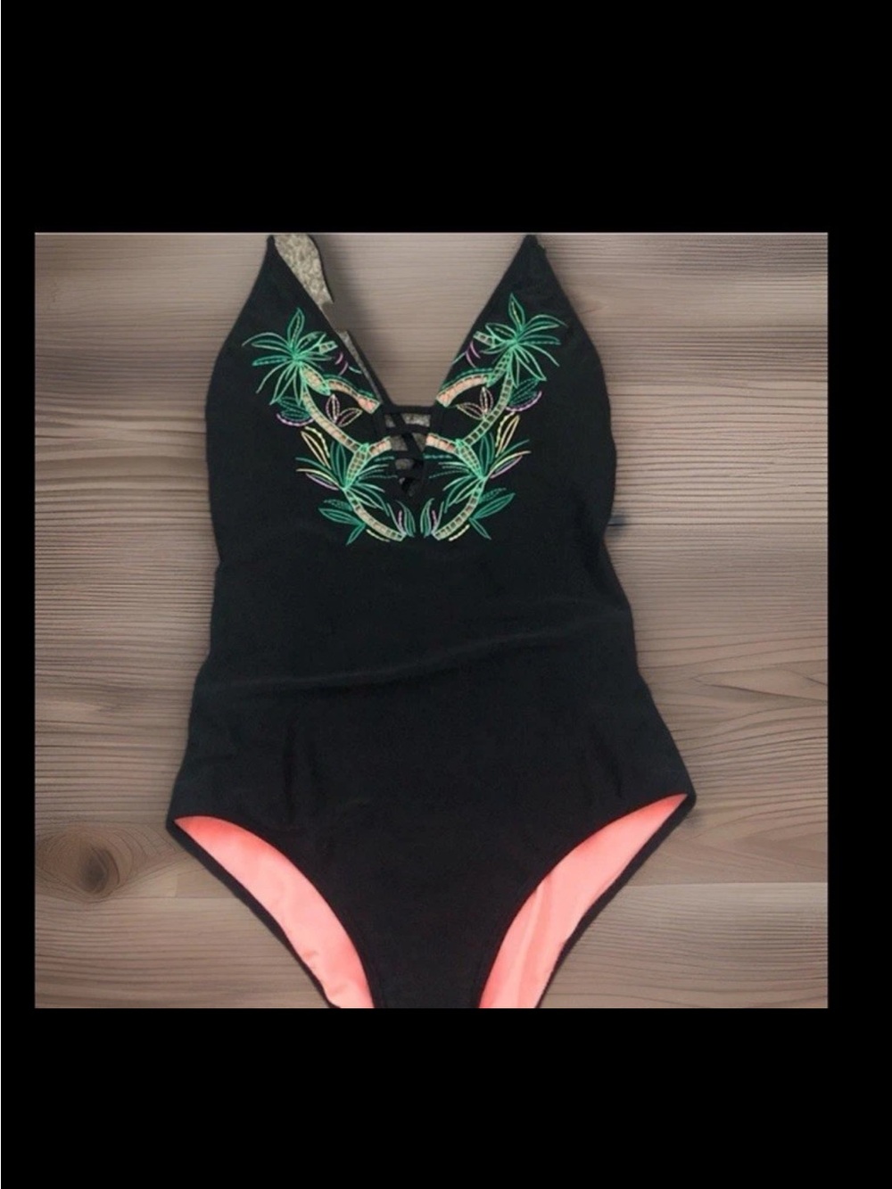 Gianni Bini GB Black One Piece Tropical Motif Embroidered Bathing Suit Size M